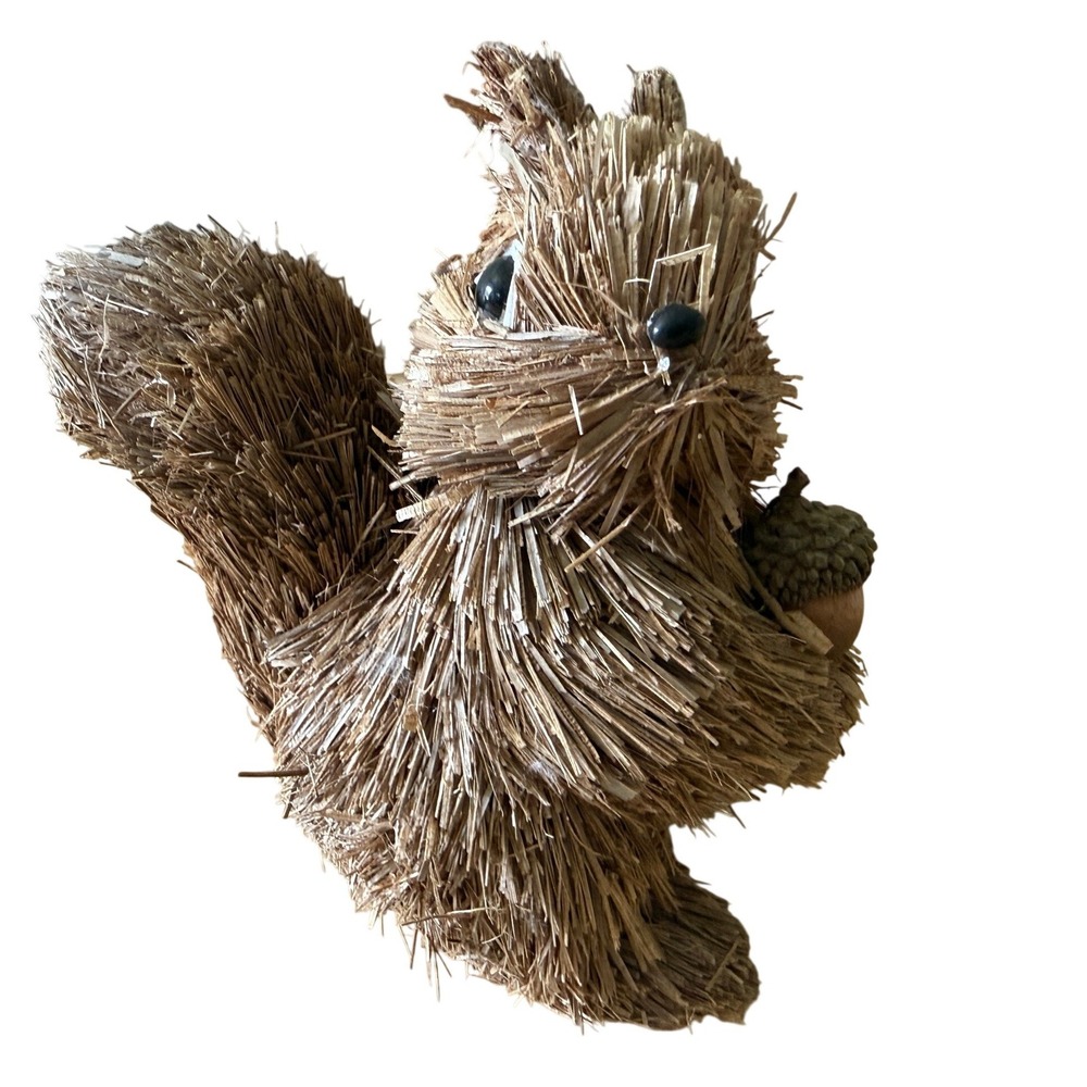 Vintage Handmade Straw Squirrel Figurine Rustic Woodland Acorn Folk Art Decor